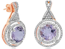3.68CT DIAMOND & AAA PINK AMETHYST 14K ROSE GOLD DOUBLE HALO TRIANGULAR EARRINGS