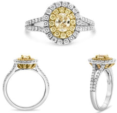 1.53CT WHITE & FANCY YELLOW DIAMOND 18K 2 TONE GOLD OVAL & ROUND ENGAGEMENT RING