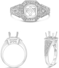 .34CT DIAMOND 14K WHITE GOLD 3D ROUND SQUARE OCTAGON 3D FILIGREE SEMI MOUNT RING