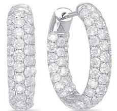 LARGE 3.11CT DIAMOND 14KT WHITE GOLD 3 ROW INSIDE OUT PAVE HOOP HANGING EARRINGS