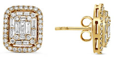 1.48CT DIAMOND 14KT YELLOW GOLD ROUND & BAGUETTE CLUSTER INVISIBLE STUD EARRINGS