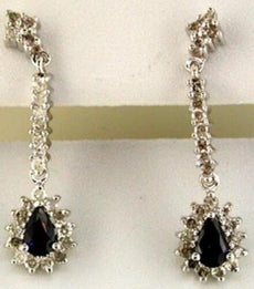 1.06CT DIAMOND & AAA SAPPHIRE 14K WHITE GOLD PEAR SHAPE & ROUND HANGING EARRINGS