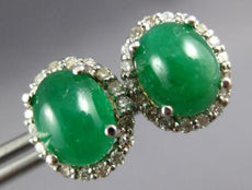 6.52CT DIAMOND & AAA CABOCHON EMERALD 14KT WHITE GOLD OVAL & ROUND STUD EARRINGS