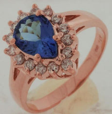 1.5CT DIAMOND & AAA TANZANITE 14KT ROSE GOLD ROUND & PEAR SHAPE ENGAGEMENT RING