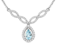 .60CT DIAMOND & AAA AQUAMARINE 14KT WHITE GOLD ROUND & PEAR SHAPE LOVE NECKLACE