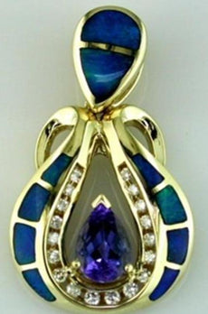 1.35CT DIAMOND & AAA TANZANITE & AAA OPAL 14KT YELLOW GOLD 3D TEAR DROP PENDANT