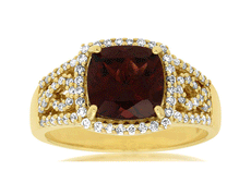 3CT DIAMOND & AAA RHODOLITE 14K YELLOW GOLD CUSHION & ROUND HALO ENGAGEMENT RING