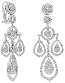 LARGE 7.82CT DIAMOND 18KT WHITE GOLD 3D MULTI TEAR DROP FLORAL HANGING EARRINGS
