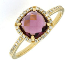2.05CT DIAMOND & AAA RHODOLITE 14KT YELLOW GOLD 3D CUSHION SQUARE HALO LOVE RING