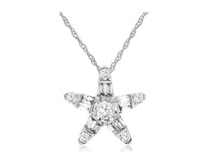 .25CT DIAMOND 14KT WHITE GOLD 3D ROUND & BAGUETTE STAR FLOWER FLOATING PENDANT