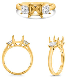 .90CT DIAMOND 18KT YELLOW GOLD PRINCESS CUT 3 STONE SEMI MOUNT ENGAGEMENT RING