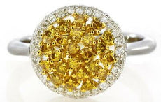 .79CT WHITE & FANCY YELLOW DIAMOND 18KT 2 TONE GOLD CLUSTER OVAL FLOWER FUN RING