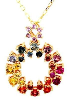 2.16CT AAA MULTI COLOR SAPPHIRE 18K YELLOW GOLD DOUBLE CIRCULAR STAR FUN PENDANT