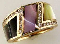 .42CT DIAMOND & AAA MULTI COLOR MOTHER OF PEARL 14K YELLOW GOLD 3D DIAGONAL RING