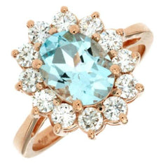 2.50CT DIAMOND & AAA AQUAMARINE 14KT ROSE GOLD 3D OVAL & ROUND FLOWER LOVE RING
