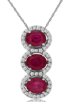 1.40CT DIAMOND & AAA RUBY 14KT WHITE GOLD OVAL & ROUND 3 STONE FLOATING PENDANT