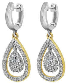 .55CT DIAMOND 14K TWO TONE GOLD 3D PAVE DOUBLE TEAR DROP HUGGIE HANGING EARRINGS