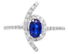 .76CT DIAMOND & AAA SAPPHIRE 18KT WHITE GOLD OVAL & ROUND FLOWER LOVE KNOT RING