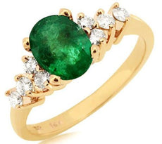 1.45CT DIAMOND & AAA EMERALD 14KT YELLOW GOLD OVAL & ROUND FRIENDSHIP LOVE RING