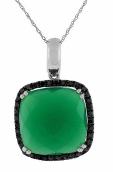 ESTATE .20CT BLACK DIAMOND & AAA GREEN AGATE 14K WHITE GOLD CUSHION HALO PENDANT