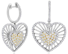 2.25CT DIAMOND 14KT 2 TONE GOLD 3D DOUBLE HEART LOVE FUN HUGGIE HANGING EARRINGS