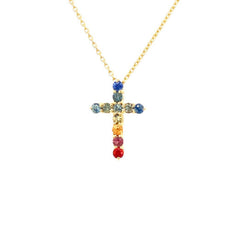 .50CT AAA MULTI COLOR SAPPHIRE 18KT YELLOW GOLD RAINBOW CROSS FLOATING PENDANT