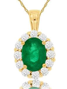 1.0CT DIAMOND & AAA EMERALD 14K YELLOW GOLD OVAL & ROUND FLOWER FLOATING PENDANT