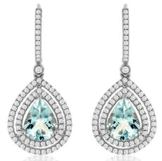 3.45CT DIAMOND & AAA AQUAMARINE 14KT WHITE GOLD PEAR SHAPE HALO HANGING EARRINGS