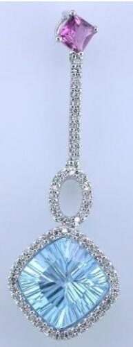 4.91CT DIAMOND & AAA BLUE TOPAZ & AAA PINK TOURMALINE 14KT WHITE GOLD 3D PENDANT