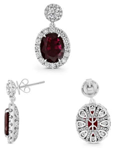 9.07CT DIAMOND & AAA RUBY PLATINUM OVAL & ROUND FLORAL FILIGREE HANGING EARRINGS