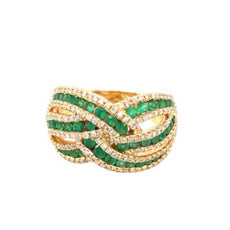 1.62CT DIAMOND & AAA EMERALD 18KT YELLOW GOLD 3D MULTI ROW CRISS CROSS FUN RING