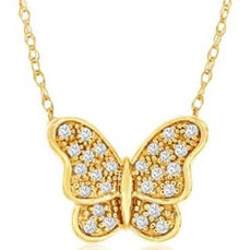 ESTATE .13CT DIAMOND 14KT YELLOW GOLD 3D CLASSIC BUTTERFLY LOVE NECKLACE