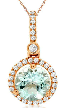 1.33CT DIAMOND & AAA AQUAMARINE 14KT ROSE GOLD 3D ROUND HALO FLOATING PENDANT