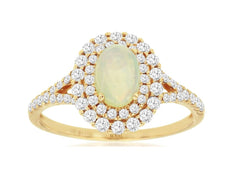 1.0CT DIAMOND & AAA OPAL 14K YELLOW GOLD 3D OVAL & ROUND DOUBLE HALO FLOWER RING