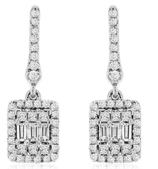 .52CT DIAMOND 14K WHITE GOLD ROUND & BAGUETTE CLUSTER LEVERBACK HANGING EARRINGS