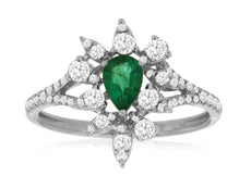 .83CT DIAMOND & AAA EMERALD 14KT WHITE GOLD PEAR SHAPE CLUSTER FLOWER FUN RING
