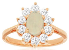 1.25CT DIAMOND & AAA OPAL 14KT ROSE GOLD OVAL & ROUND CLASSIC FLOWER LOVE RING