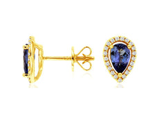 .97CT DIAMOND & AAA TANZANITE 14KT YELLOW GOLD 3D PEAR SHAPE HALO STUD EARRINGS