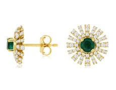 1.01CT DIAMOND & AAA EMERALD 14KT YELLOW GOLD 3D ROUND FLOWER STARBURST EARRINGS