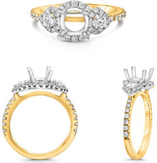 .53CT DIAMOND 14K 2 TONE GOLD 3D ROUND 3 STONE FLOWER SEMI MOUNT ENGAGEMENT RING
