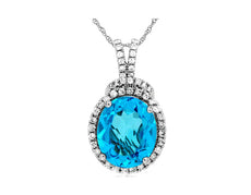 6.02CT DIAMOND & AAA BLUE TOPAZ 14KT WHITE GOLD 3D OVAL & ROUND FLOATING PENDANT
