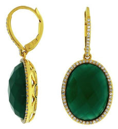 LARGE .38CT DIAMOND & AAA GREEN AGATE 14KT YELLOW GOLD 3D OVAL & ROUND EARRINGS
