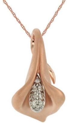 ESTATE .16CT DIAMOND 14KT ROSE GOLD 3D CLASSIC TULIP FLOWER FLOATING PENDANT