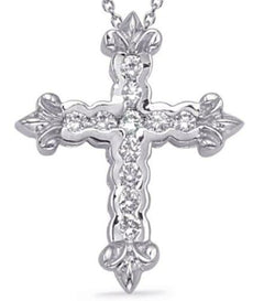 .25CT DIAMOND 14K WHITE GOLD CLASSIC ROUND CHANNEL FLORAL CROSS FLOATING PENDANT