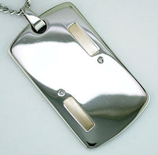 .06CT DIAMOND STAINLESS STEEL & 14KT WHITE GOLD 3D MENS DOG TAG FLOATING PENDANT