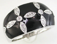 ESTATE .15CT DIAMOND & AAA BLACK ENAMEL 14KT WHITE GOLD CLASSIC FLOWER FUN RING