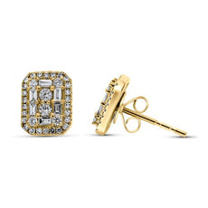 .52CT DIAMOND 14KT YELLOW GOLD 3D ROUND & BAGUETTE CLUSTER OCTAGON STUD EARRINGS
