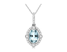 .80CT DIAMOND & AAA AQUAMARINE 14KT WHITE GOLD 3D OVAL & ROUND FLOATING PENDANT