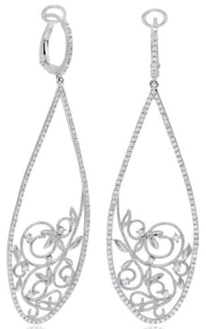 LARGE 1.11CT DIAMOND 14KT WHITE GOLD 3D OPEN FILIGREE TEAR DROP HANGING EARRINGS