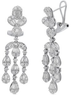 3.42CT DIAMOND 18KT WHITE GOLD ROUND & BAGUETTE FLOWER MULTI TEAR DROP EARRINGS
